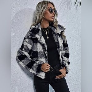Black & White Plaid Shacket Zip Up Drop Shoulder Teddy Jacket Large 8-10